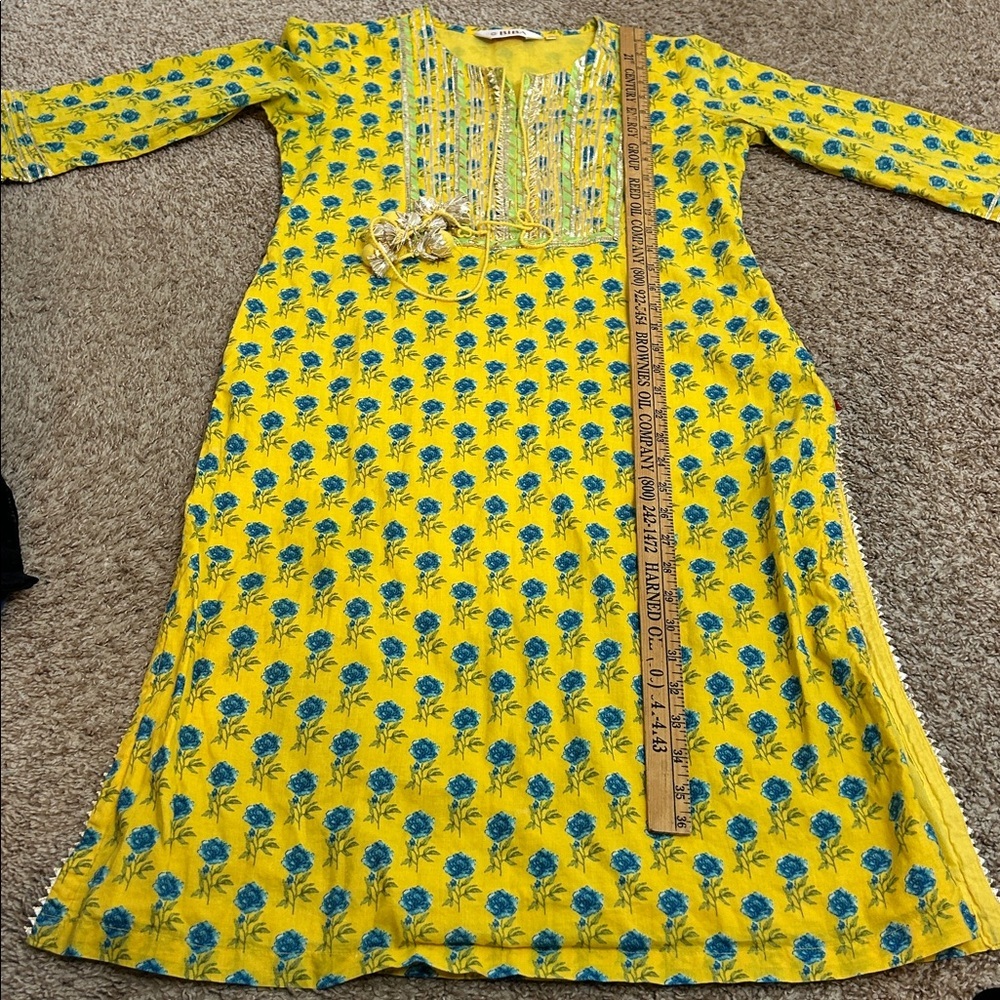 Biba Yellow Blue Floral Long Sleeve Dress Long Silt 34 Tassel‎ - Picture 13 of 14